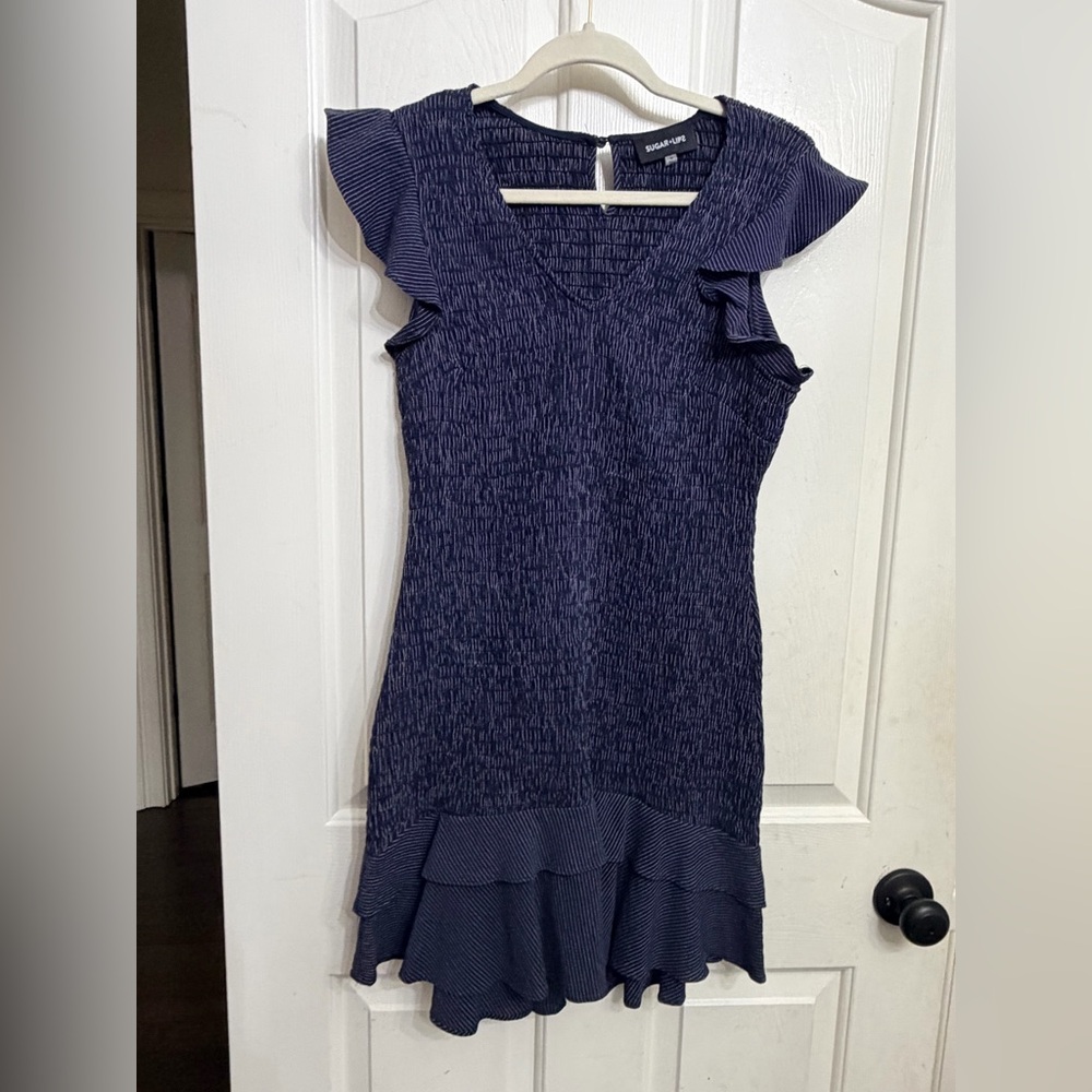 Sugarlips Navy Textured Knit Top with white Thread